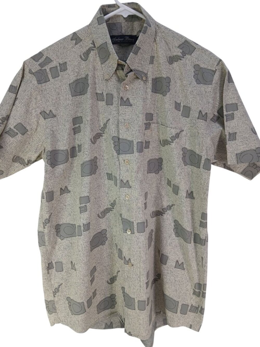 Vintage Andrew Brown Mens Short Sleeve Button Shirt Abstract Print Size L Logo